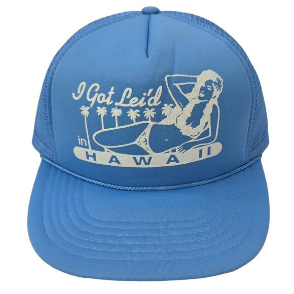 Vtg Puff Print I Got Lei’d In Hawaii Snapback Trucker Hat Blue White Bikini Girl - Picture 1 of 5
